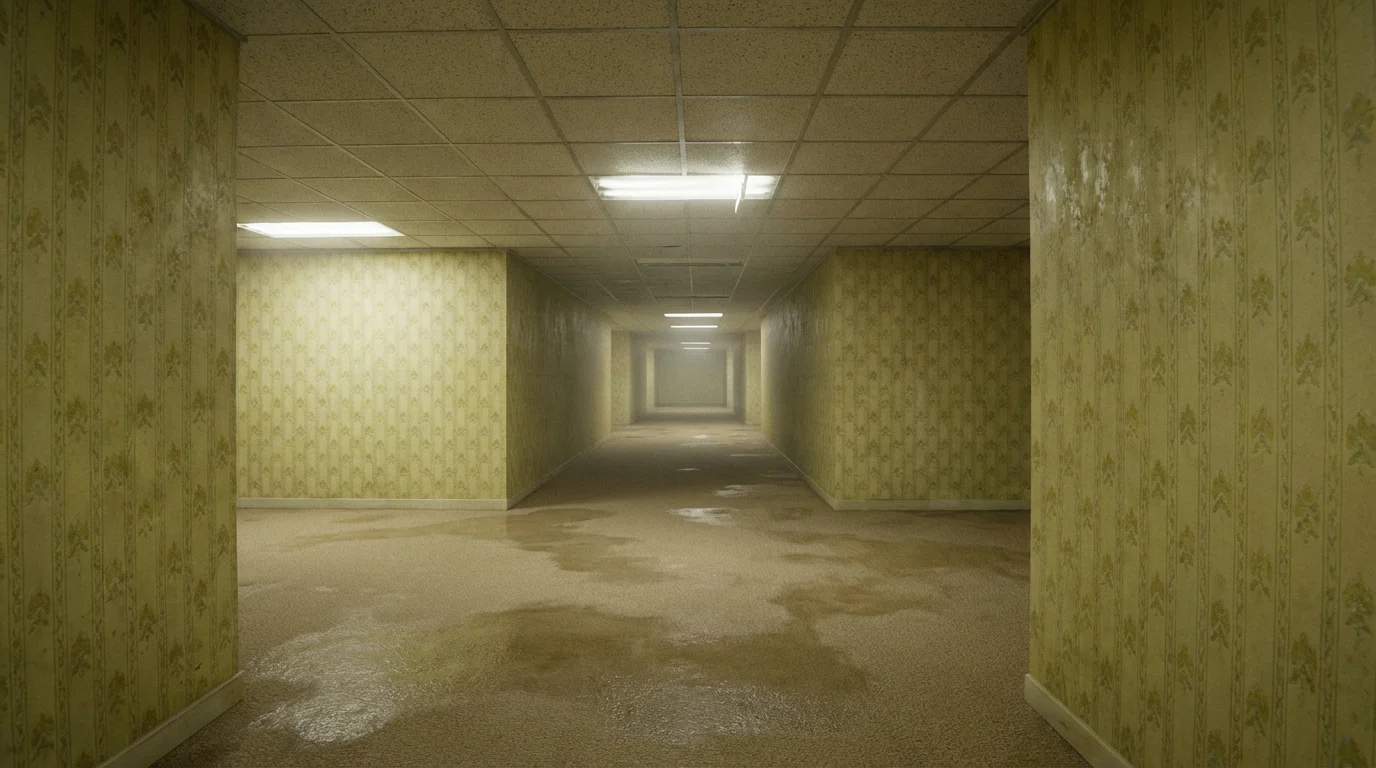 A photorealistic image of an endless, empty hallway in the style of the Backrooms, with sickly yellow wallpaper, damp carpets, and harsh fluorescent lighting creating a sense of dread and isolation.