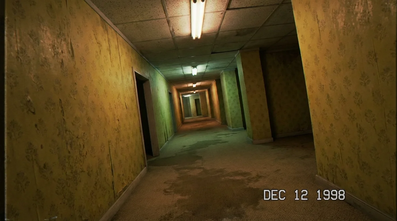A photorealistic depiction of an eerie and empty Backrooms level, featuring a long hallway with yellow wallpaper, damp carpet, and harsh fluorescent lighting, creating a sense of unease and isolation.