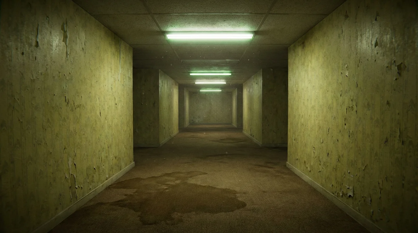 A photorealistic rendering of an empty, endless hallway in the Backrooms, featuring yellow wallpaper, damp carpet, and harsh fluorescent lighting that creates an eerie and isolating atmosphere.