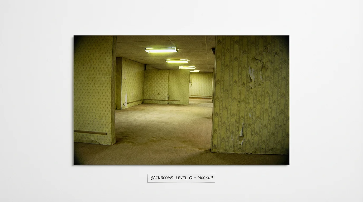A photorealistic depiction of a backrooms level, showing an endless, empty hallway with yellow wallpaper, damp carpet, and harsh fluorescent lighting, creating an eerie and unsettling atmosphere.