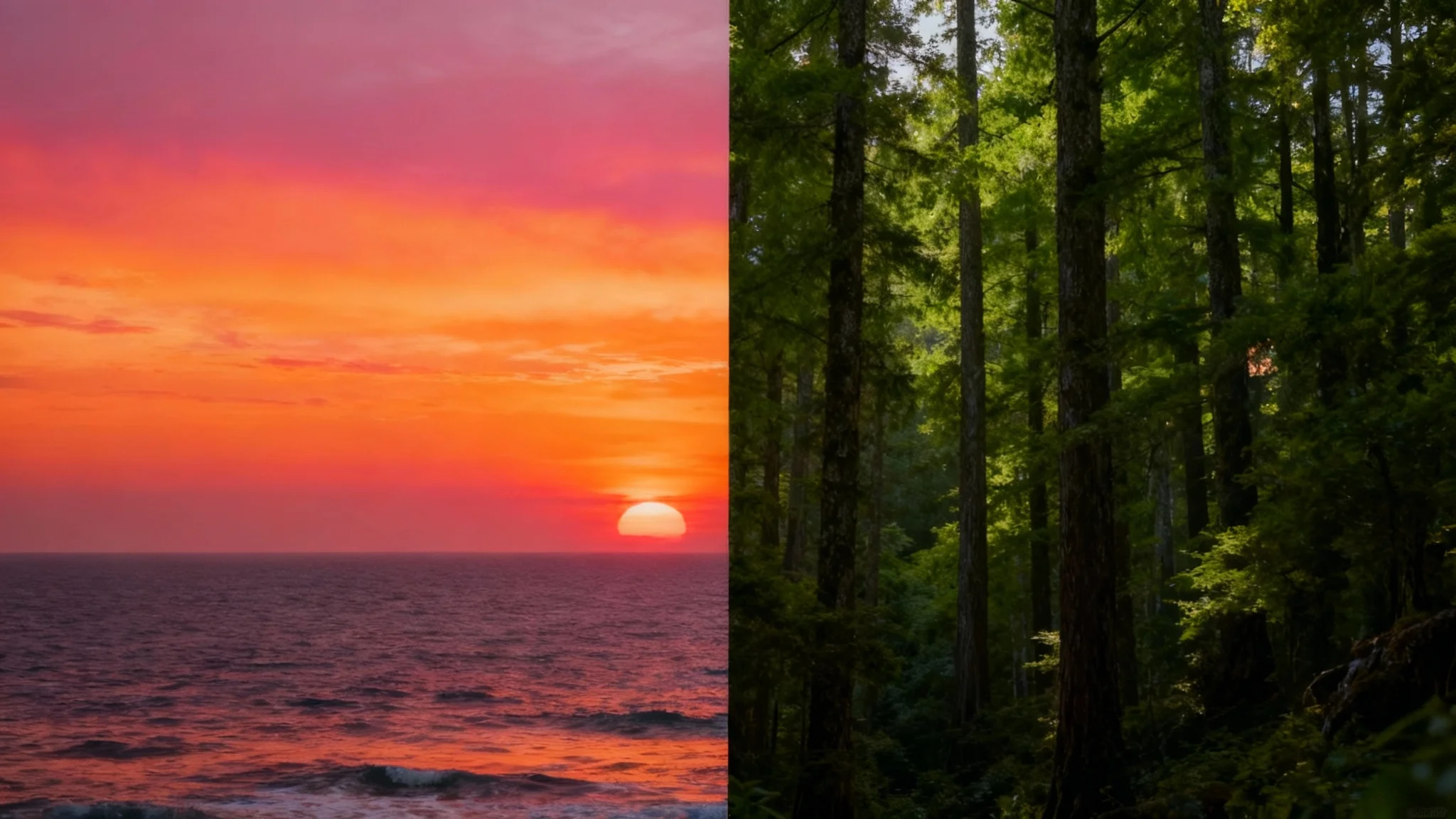 A surreal landscape image split into two halves that blend seamlessly in the middle. The left half shows a fiery sunset over the ocean, and the right half shows a misty green forest.