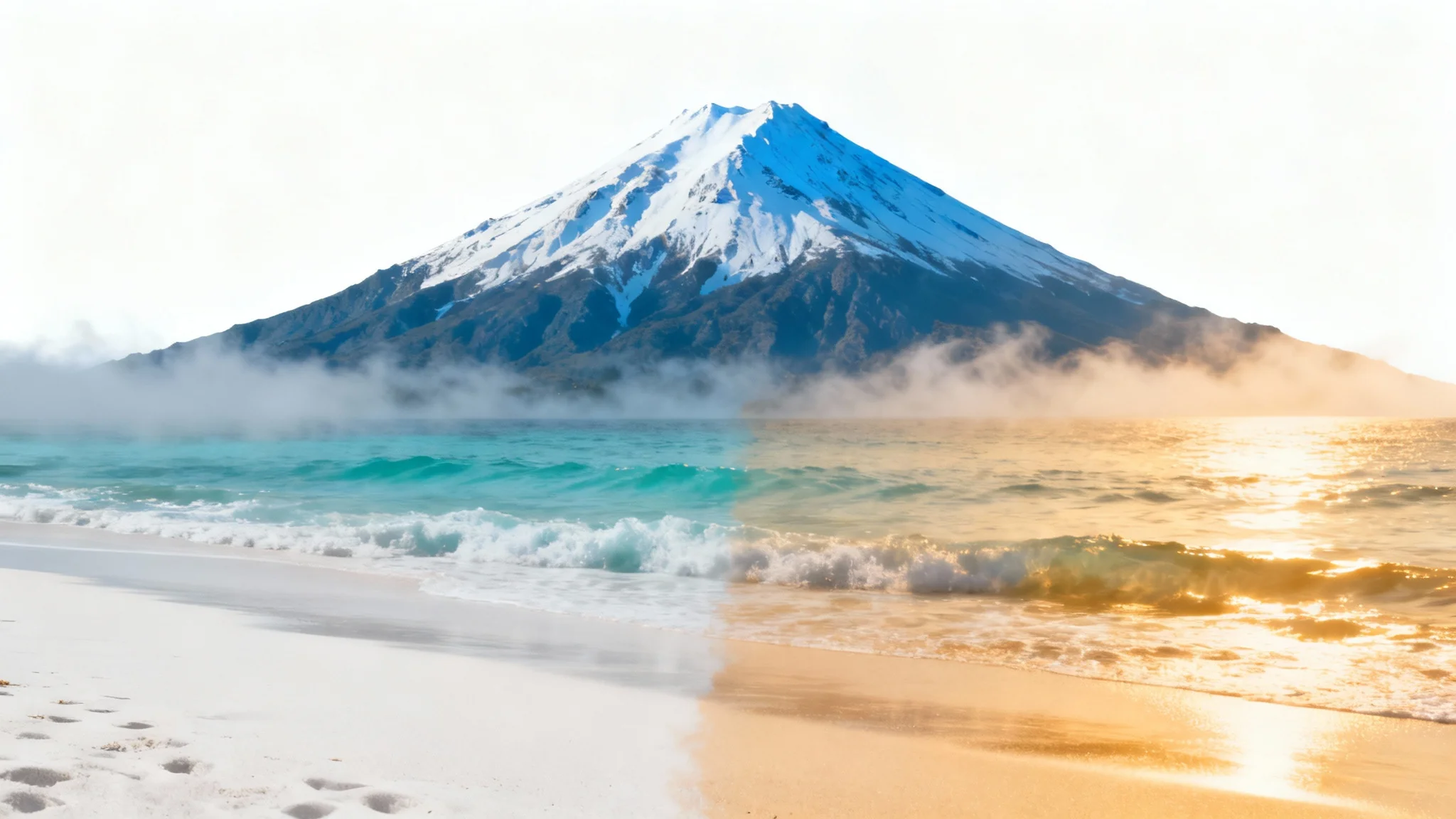 A surreal, photorealistic image demonstrating image blending, where the top half shows a snowy mountain peak that seamlessly merges into a tropical beach scene on the bottom half, all isolated on a white background.