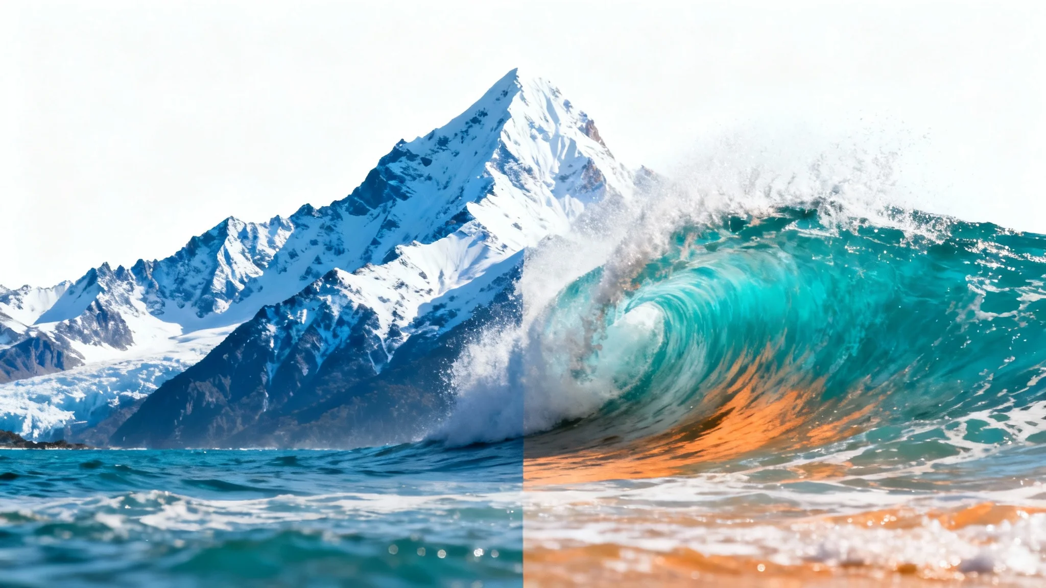 A surreal image blending a snowy mountain peak on the left with a curling ocean wave on the right, presented as a seamless single landscape on a white background.