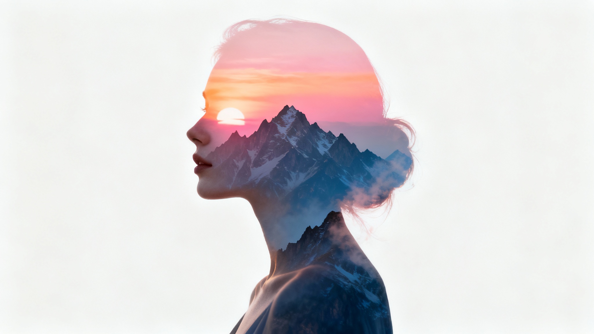 An artistic double exposure photo demonstrating image blending, where a woman's silhouette is filled with a beautiful mountain sunrise scene.