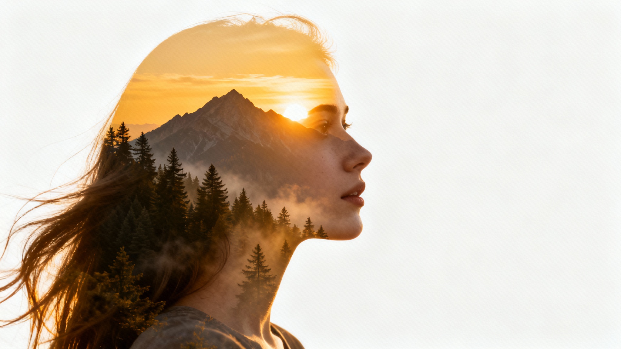 A beautiful double exposure image demonstrating image blending, where a woman's profile is seamlessly combined with a mountain forest landscape.