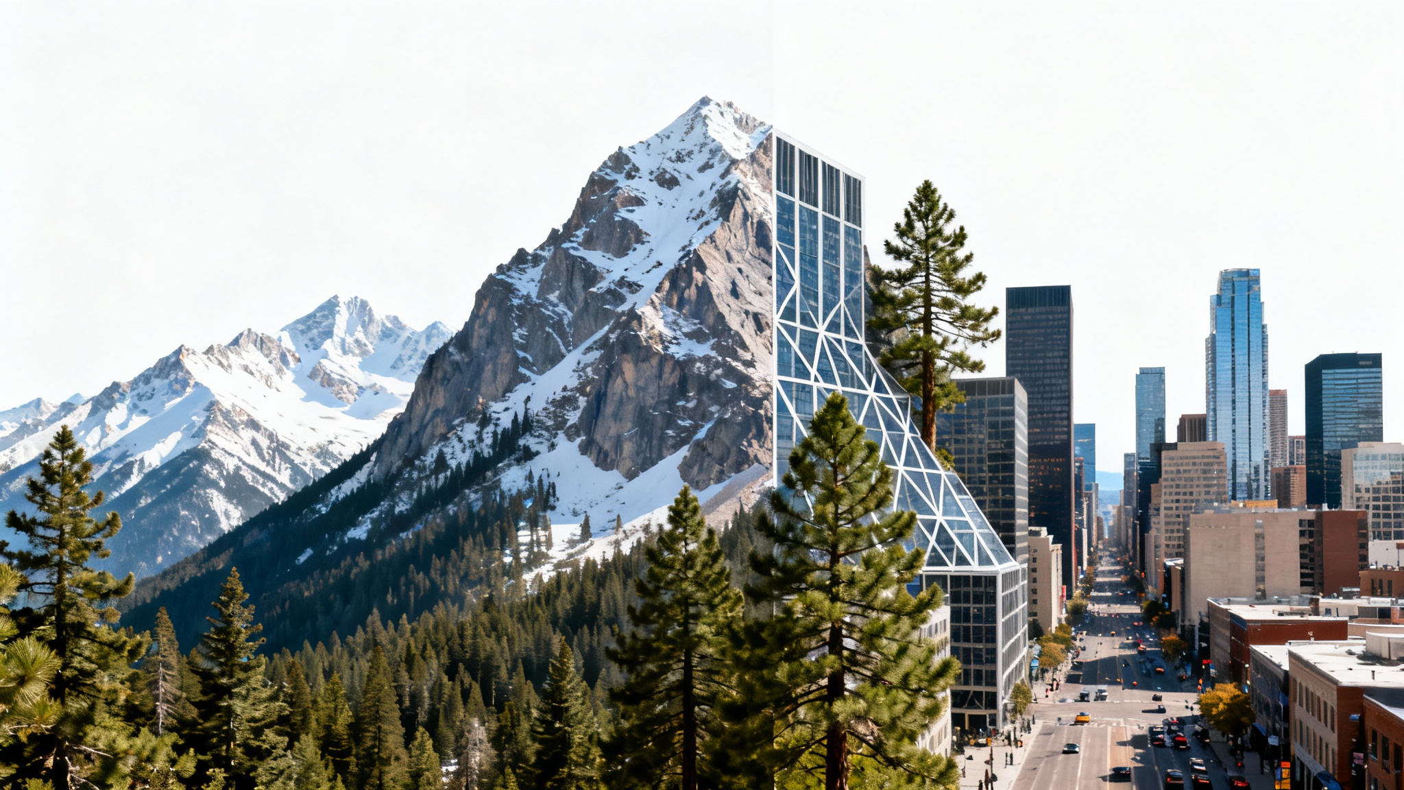 A conceptual image demonstrating image blending, where a serene mountain landscape on the left seamlessly merges into a bustling cityscape on the right, creating a single, surreal picture.