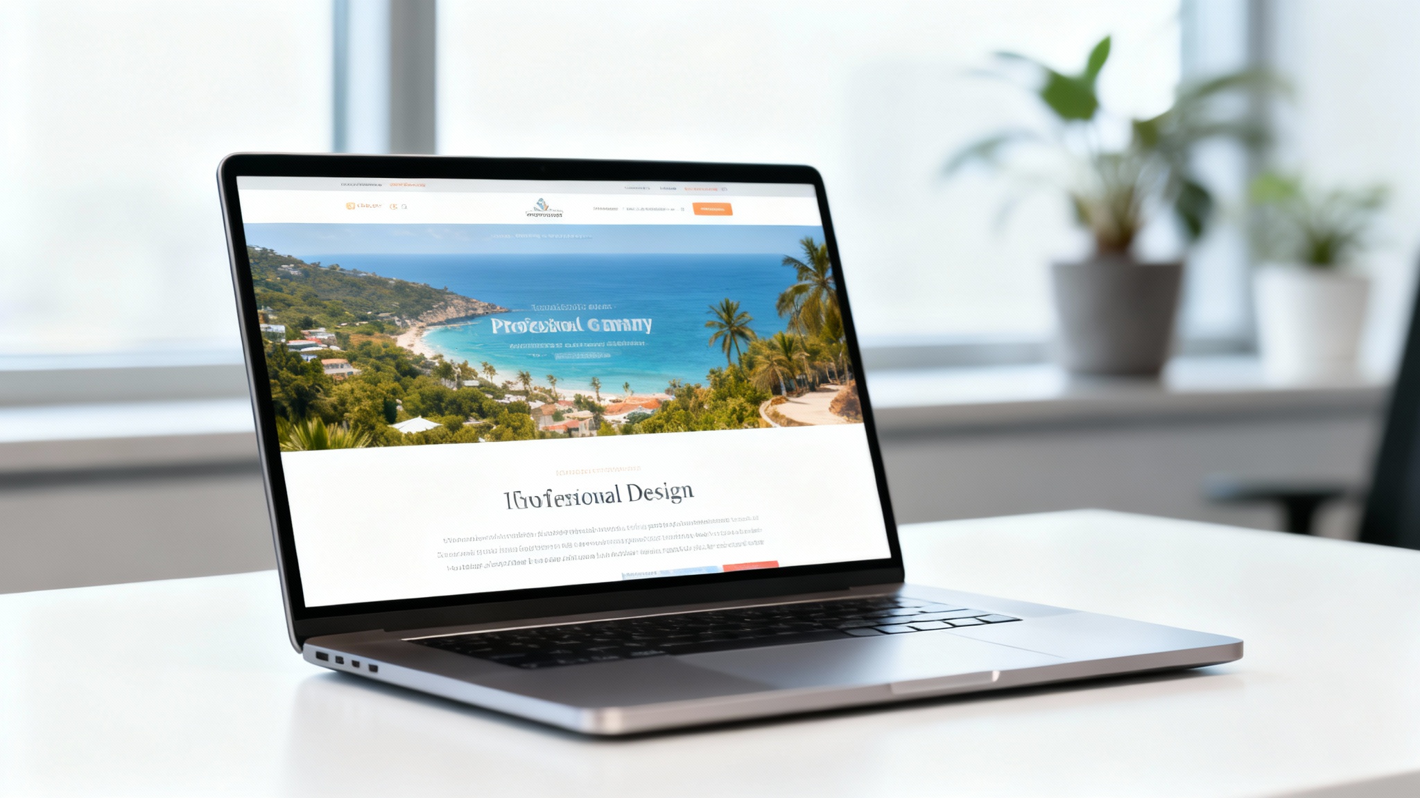 A modern silver laptop sits on a white desk, its screen displaying a colorful and professional website design mockup. The background is a bright, blurred office setting.