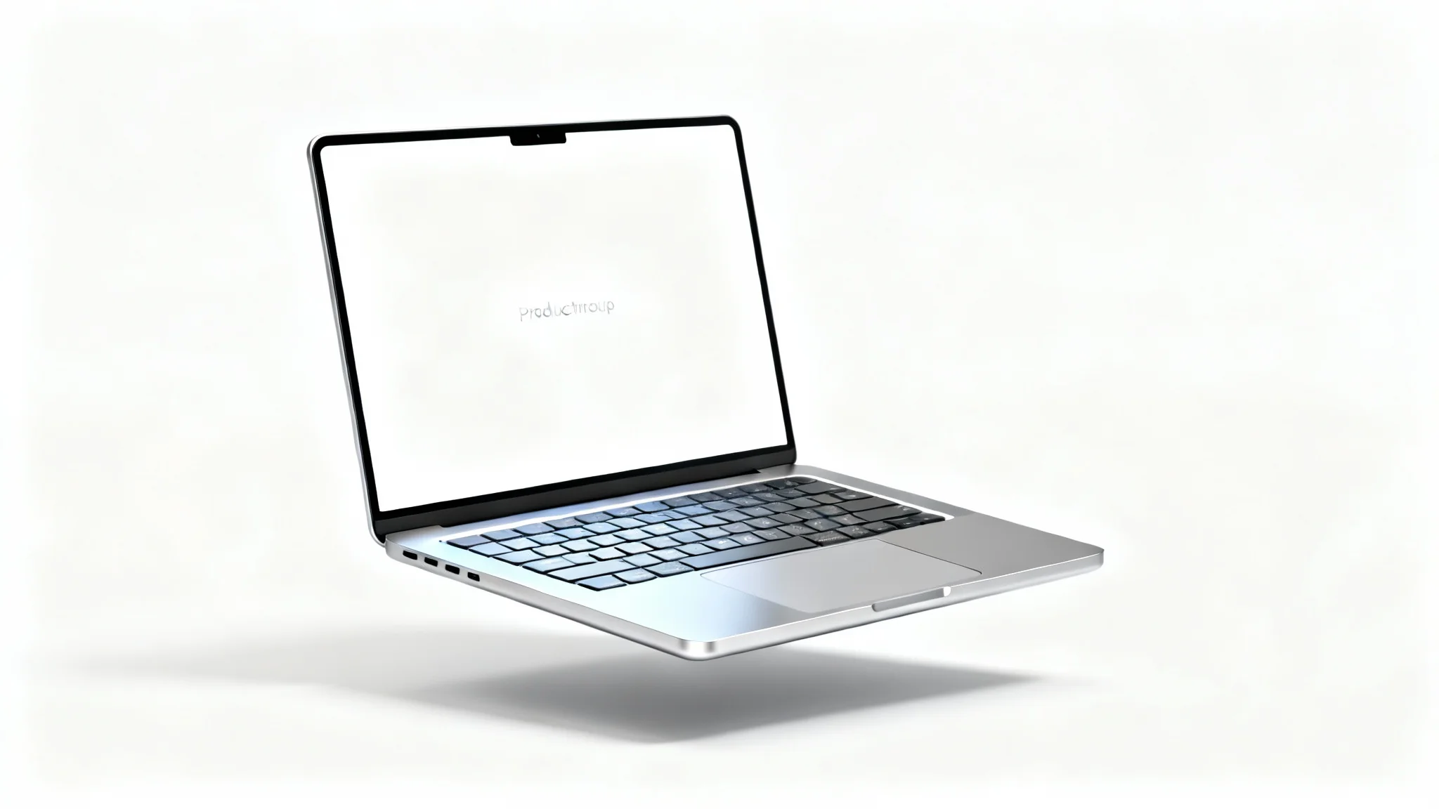 A photorealistic mockup of a modern silver laptop on a white background, open with a blank, glowing screen ready for a design.