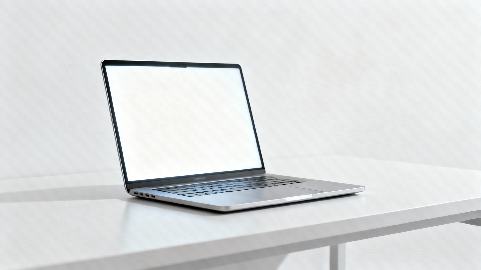 A sleek, modern silver laptop open on a white surface against a white background, with its screen glowing blank white for mockup purposes.