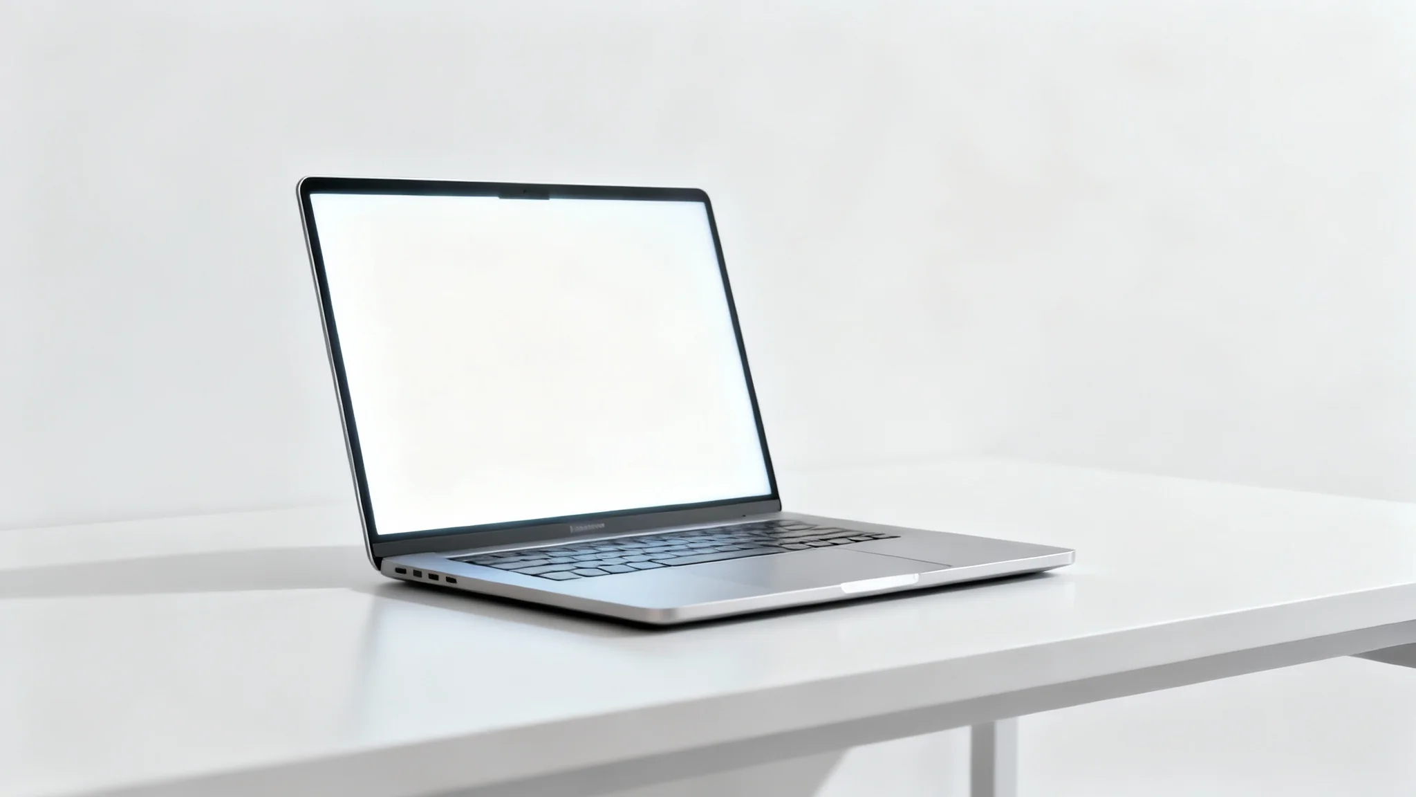A sleek, modern silver laptop open on a white surface against a white background, with its screen glowing blank white for mockup purposes.