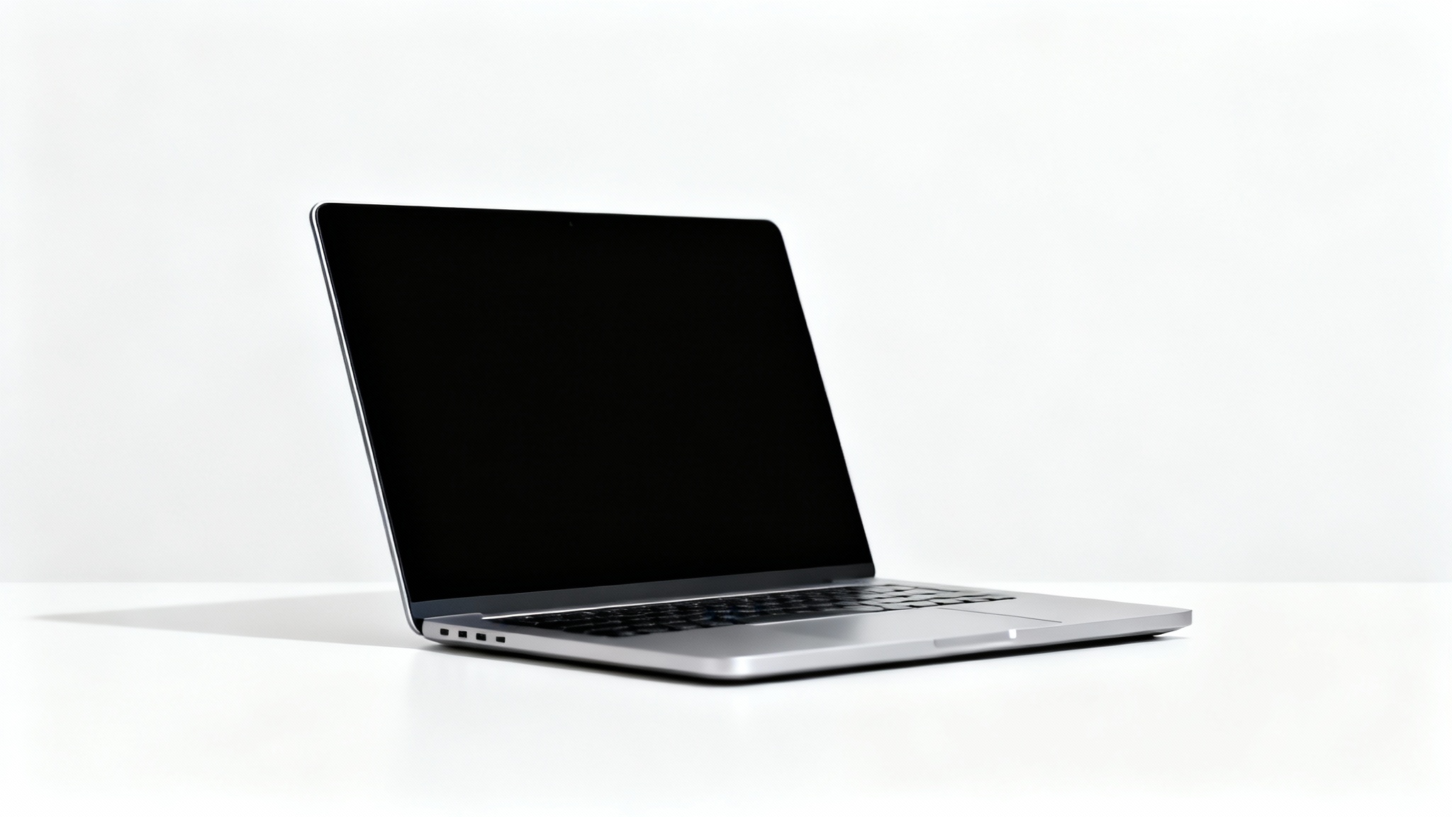 A modern, slim silver laptop shown open and at an angle, with a blank black screen ready for a mockup, set against a clean white background.