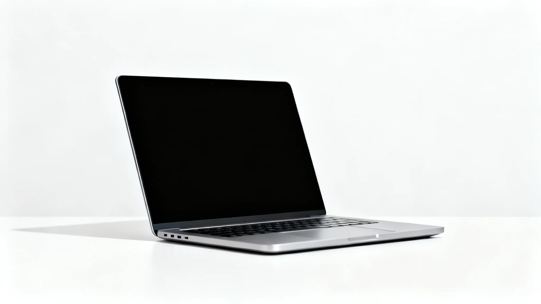A modern, slim silver laptop shown open and at an angle, with a blank black screen ready for a mockup, set against a clean white background.
