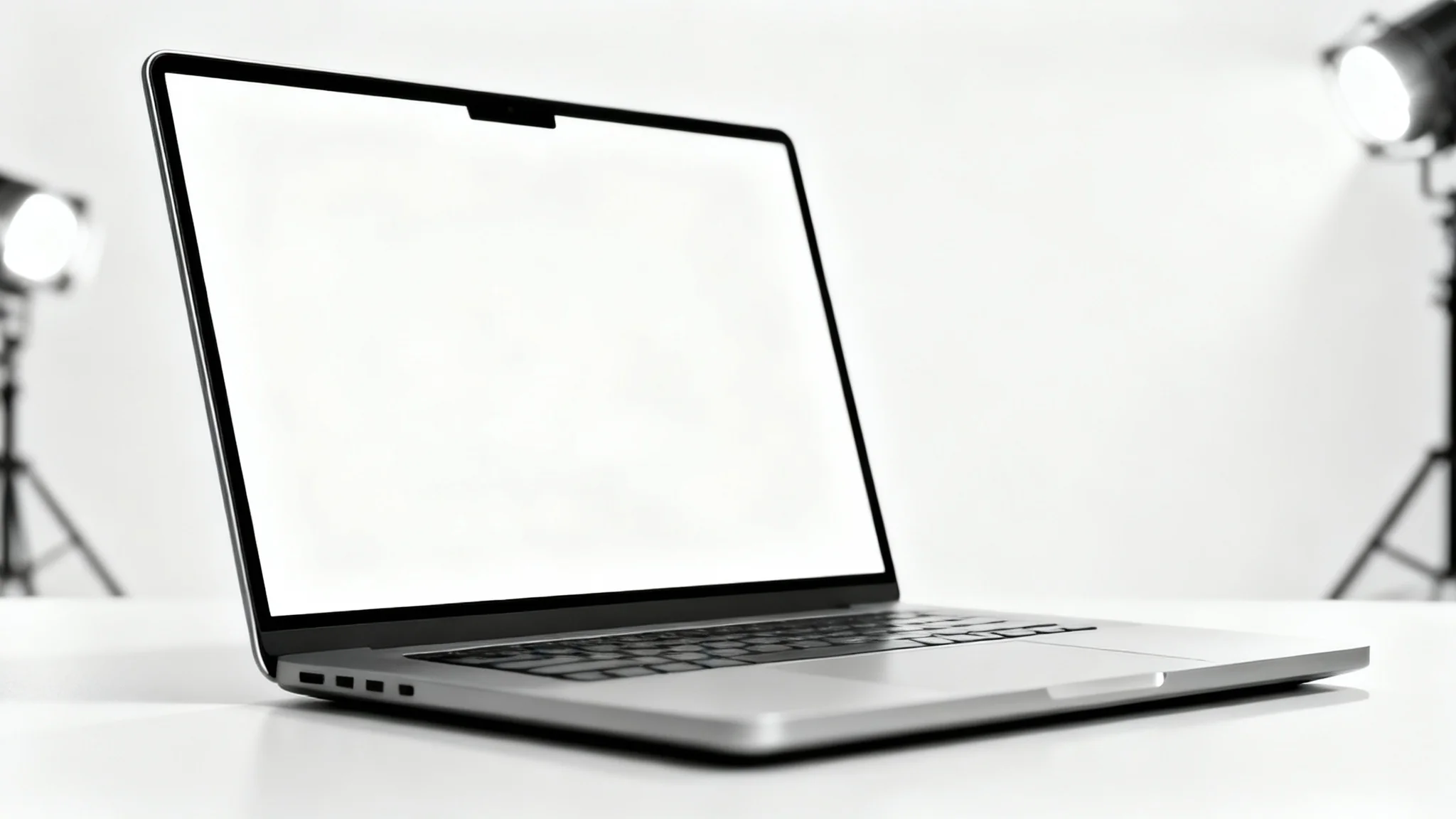 A modern, silver laptop with a blank, glowing screen, angled towards the viewer on a clean white background, serving as a screen mockup.