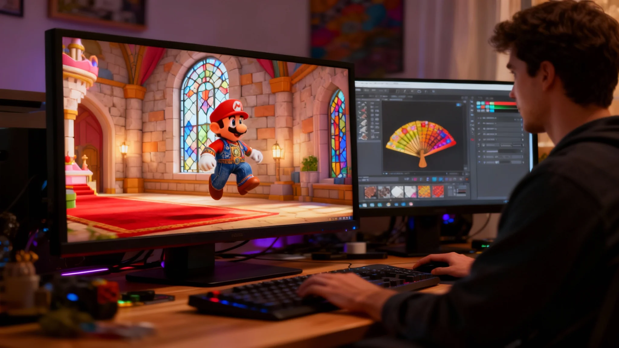 A high-resolution screenshot of Super Mario 64 inside Princess Peach's castle, demonstrating a texture pack upgrade. The walls, floor, and Mario himself have photorealistic textures, contrasting with the game's original blocky 3D models.