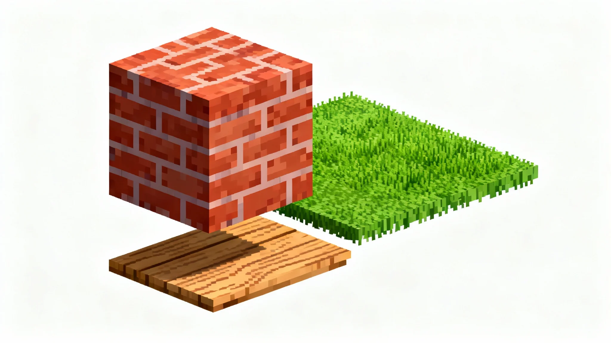 A 3D rendering of a brick cube, a grassy plane, and a wooden plank, all featuring low-resolution, pixelated textures in the style of a classic Nintendo 64 video game, set against a white background.
