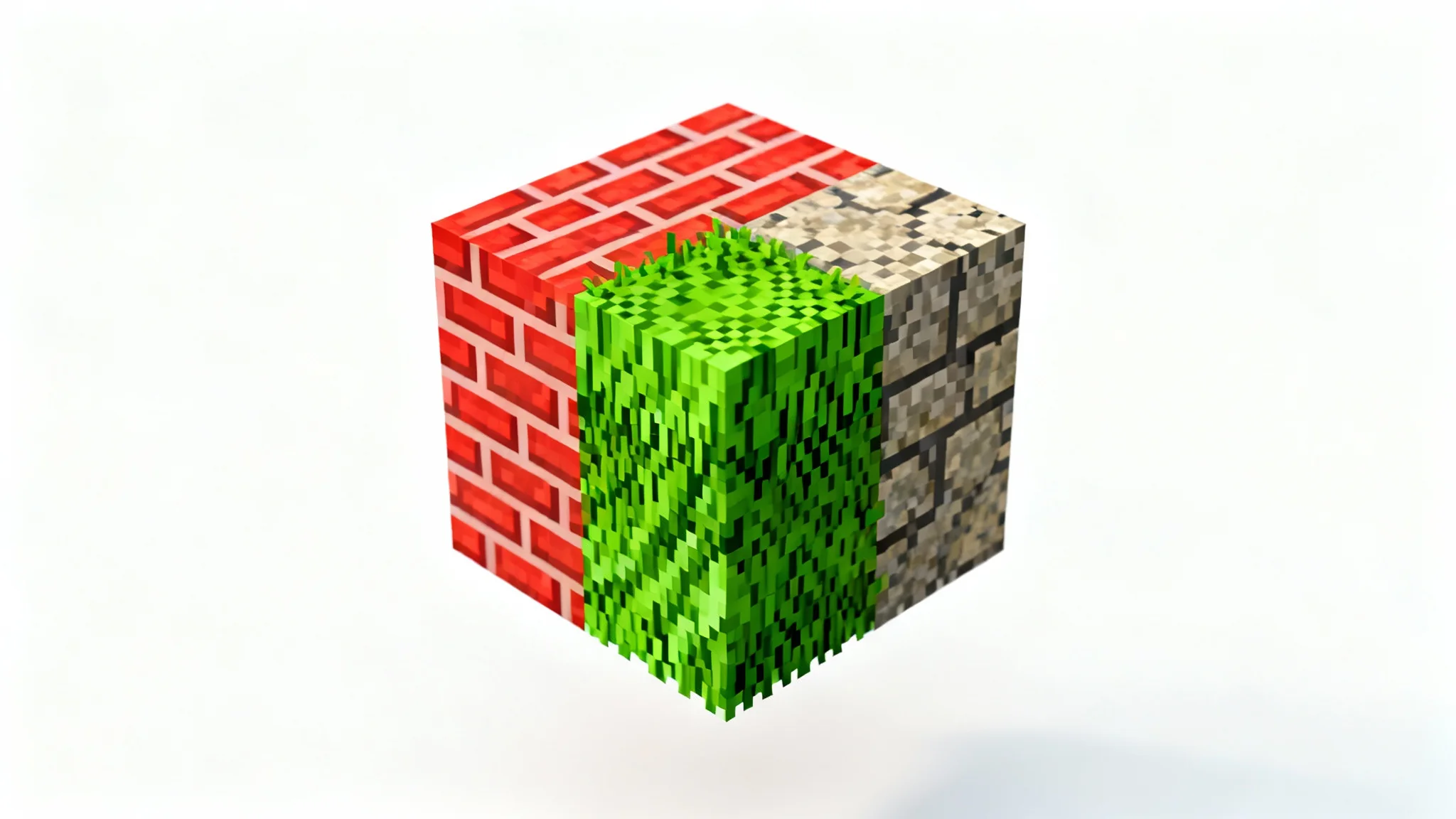 A 3D cube rendered in the nostalgic, low-poly style of Mario 64, displaying classic brick, grass, and stone textures against a white background.