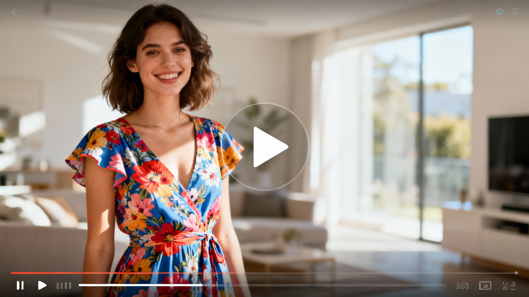 A woman shown in a video player interface, demonstrating a virtual try-on of a floral dress which fits her perfectly.