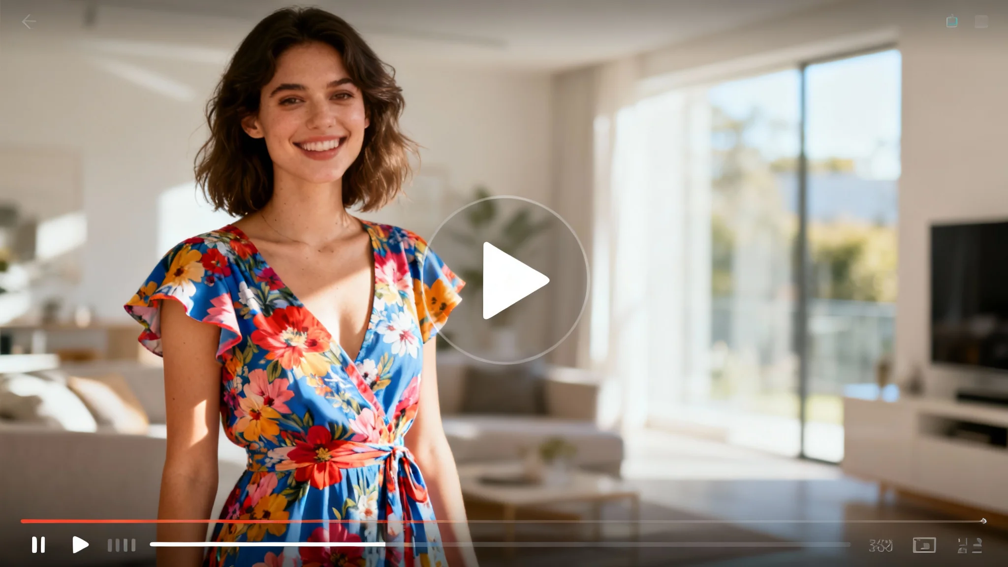 A woman shown in a video player interface, demonstrating a virtual try-on of a floral dress which fits her perfectly.