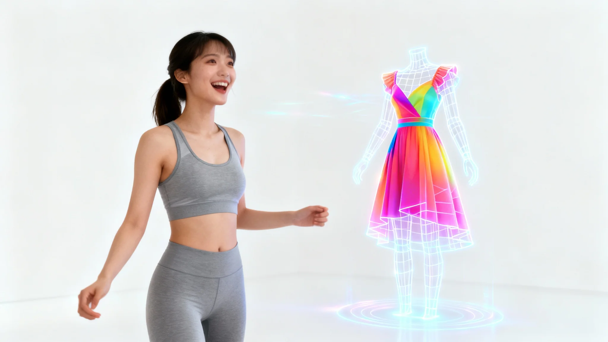 A woman joyfully models a virtual dress, which appears as a glowing, translucent overlay on her body against a clean white background, simulating a virtual try-on experience.