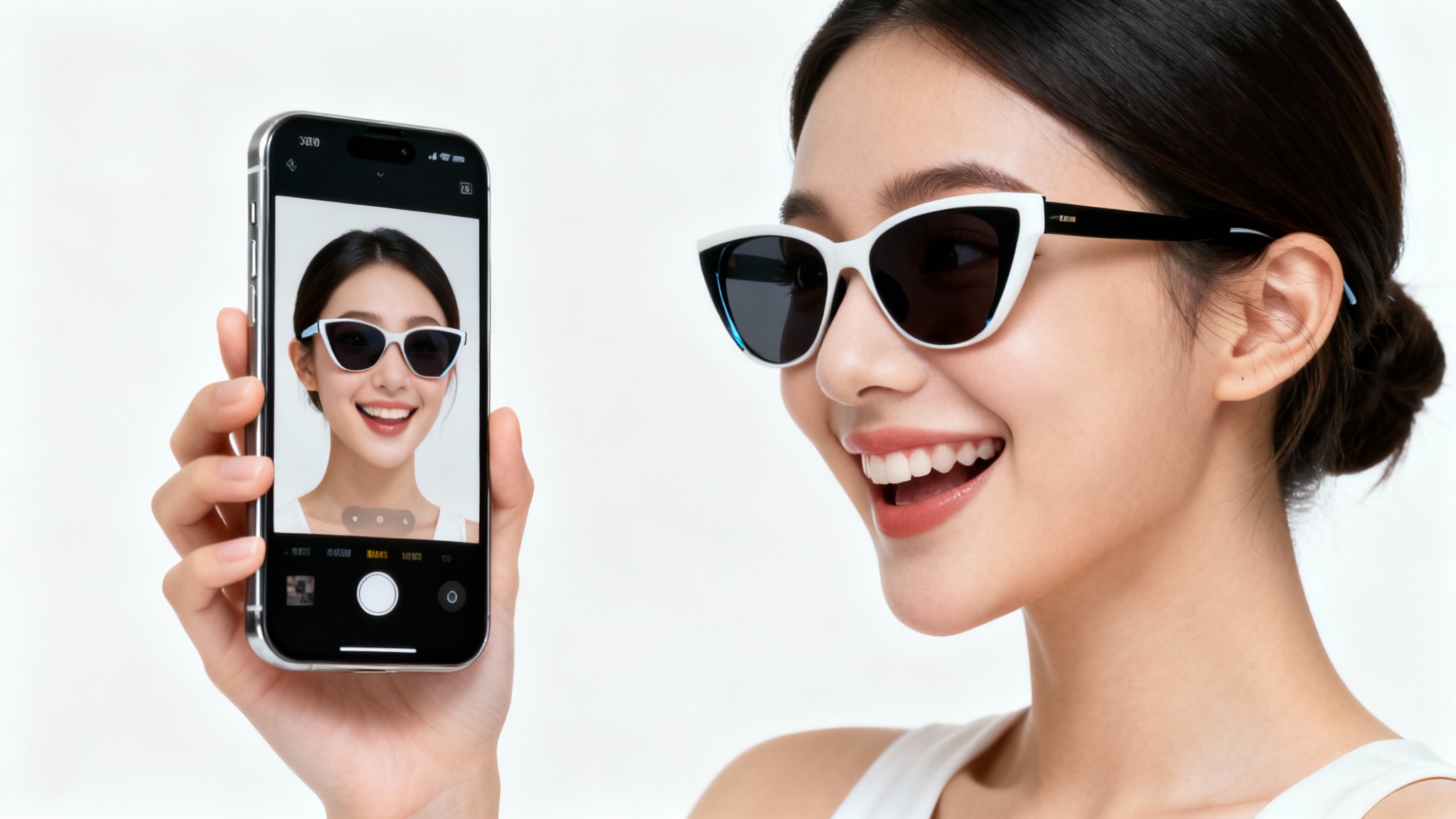 A woman smiles while holding a smartphone, which displays her face with virtual sunglasses on, demonstrating a virtual try-on video feature.