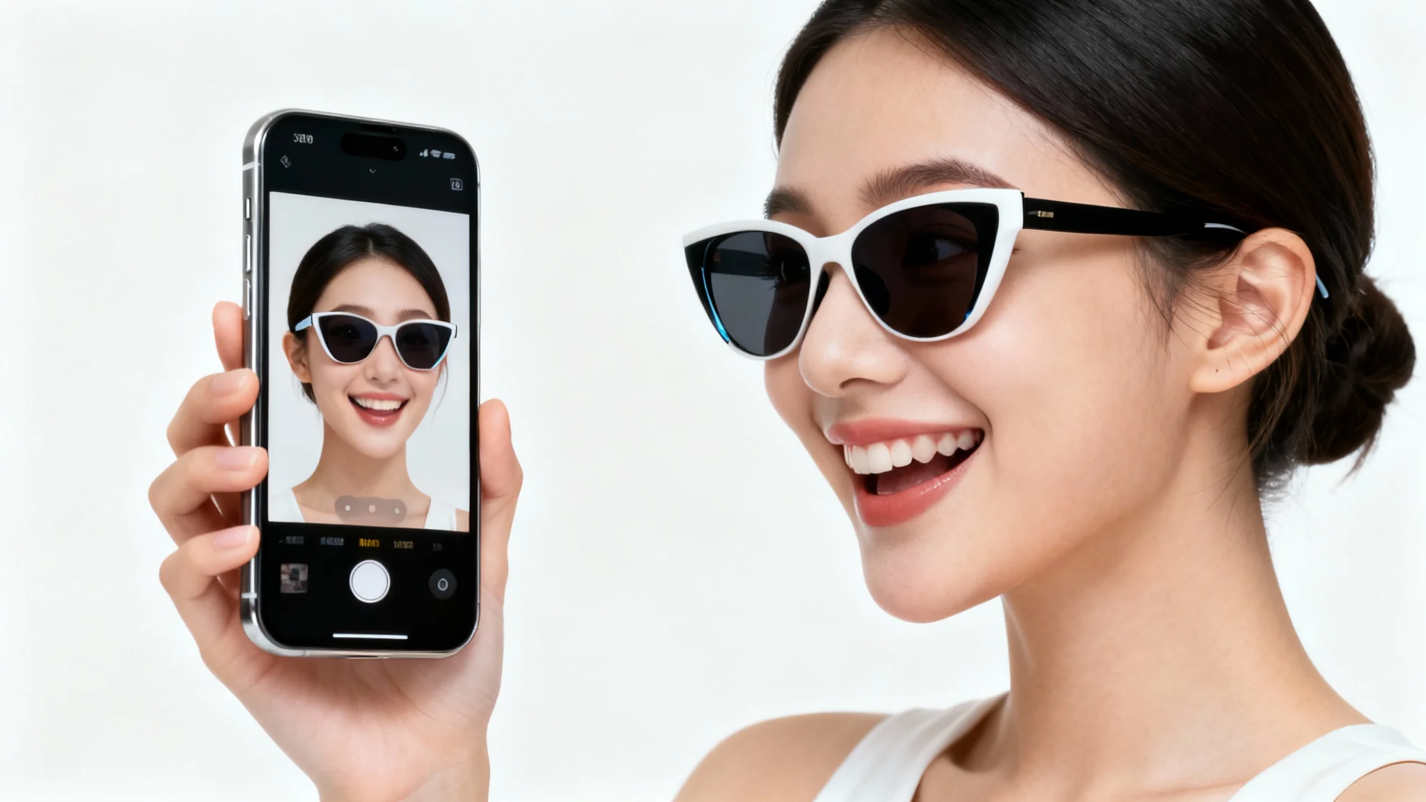 A woman smiles while holding a smartphone, which displays her face with virtual sunglasses on, demonstrating a virtual try-on video feature.