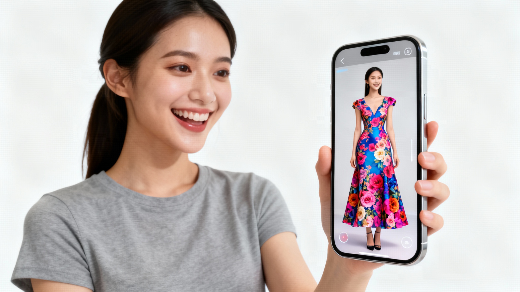 A woman smiles as she uses her smartphone for a virtual try-on, seeing her reflection on the screen wearing a beautiful floral dress instead of her real-life t-shirt.
