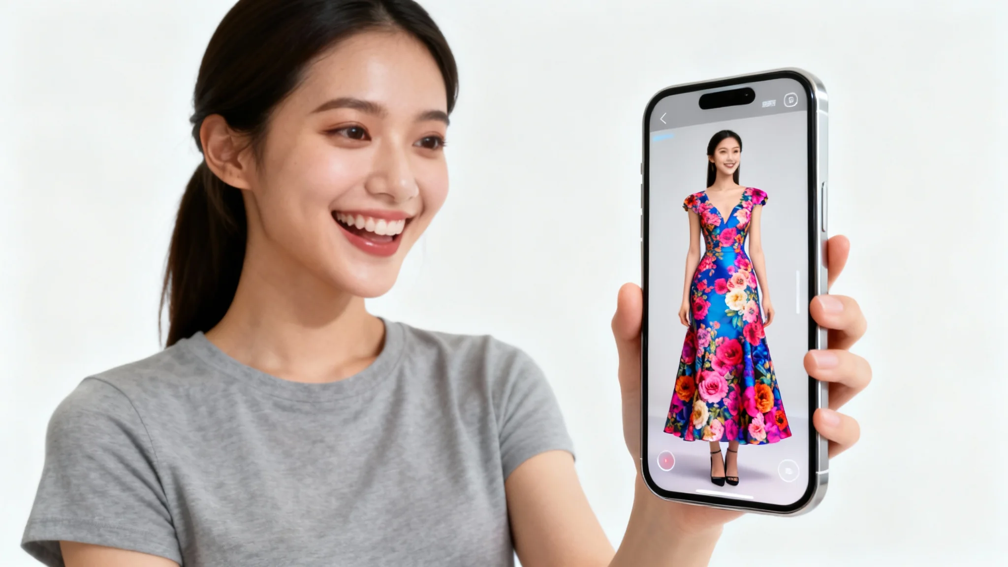A woman smiles as she uses her smartphone for a virtual try-on, seeing her reflection on the screen wearing a beautiful floral dress instead of her real-life t-shirt.