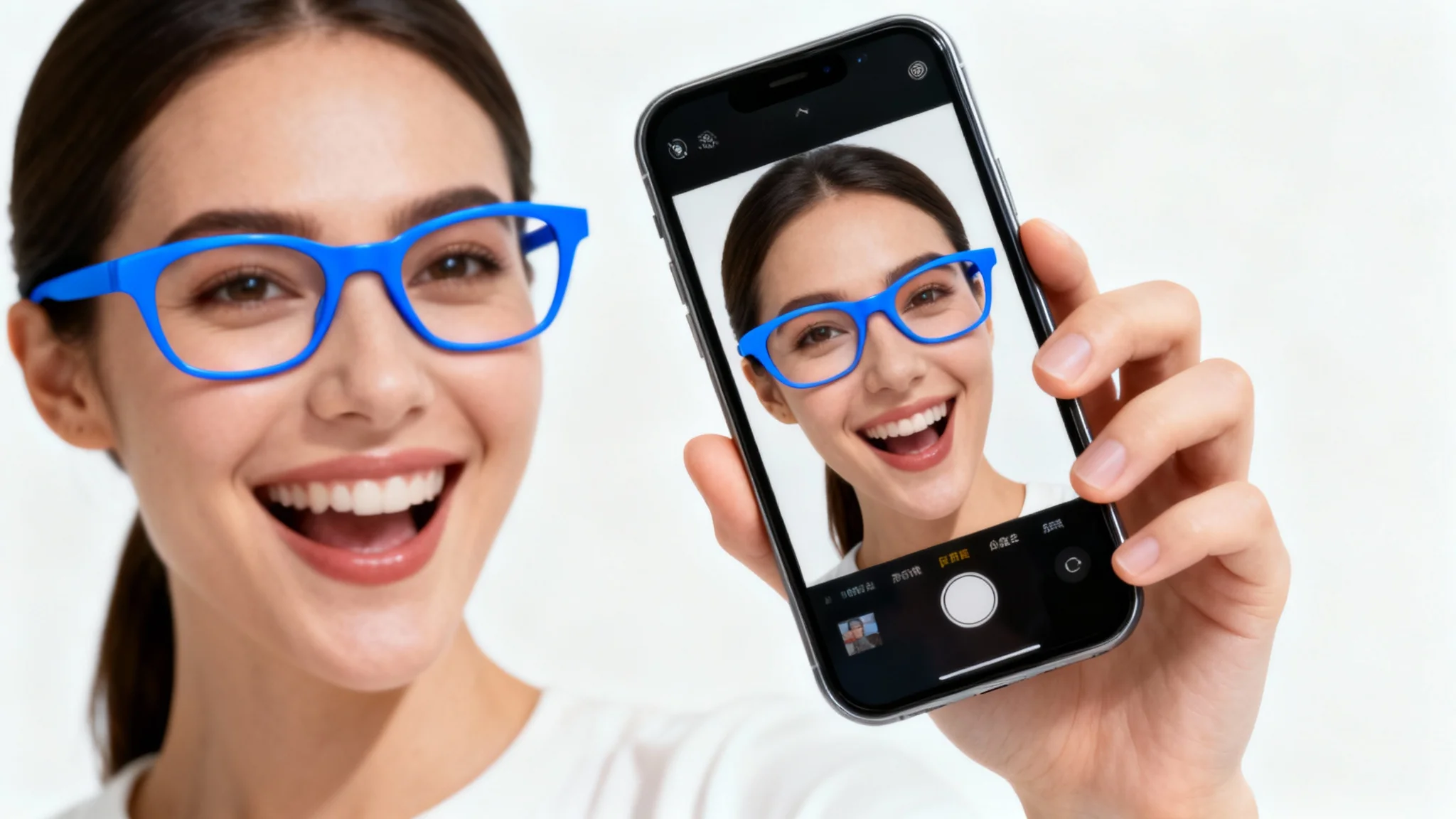 A woman happily trying on virtual eyeglasses using her smartphone, the screen shows her face with blue glasses while her real face has none, against a clean white background.