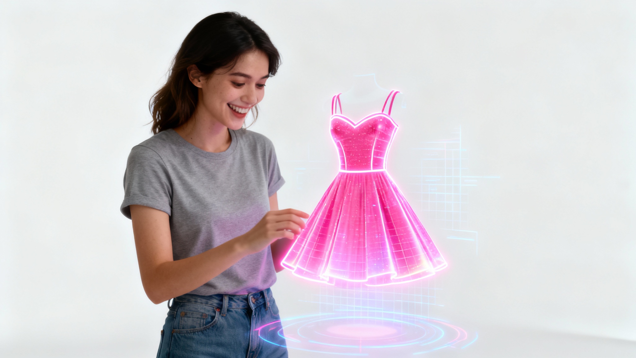A happy woman looking down at a glowing pink virtual dress projected over her casual clothing, illustrating a virtual try-on video feature against a clean white background.
