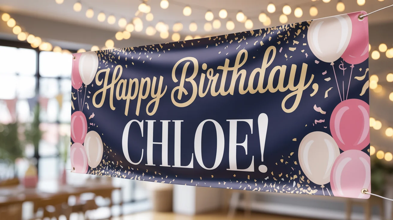 A professionally designed birthday banner reading 'Happy Birthday, Chloe!' in gold and white text, hanging in a festively decorated room.