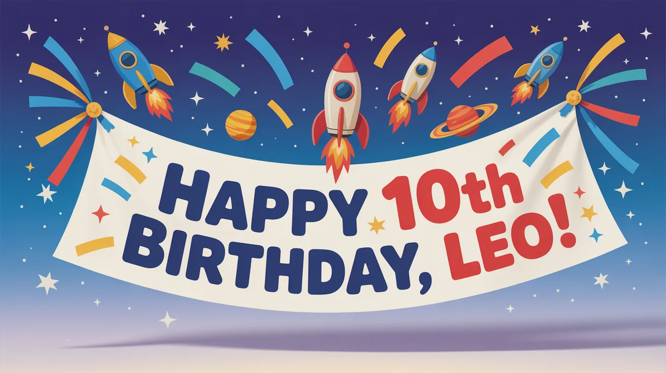 A colorful birthday banner mockup that reads 'Happy 10th Birthday, Leo!' decorated with balloons and confetti, displayed against a plain white background.