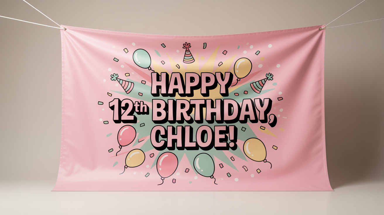 A festive birthday banner mockup against a white background. The banner is decorated with colorful confetti and reads 'Happy 12th Birthday, Chloe!' in a playful font.