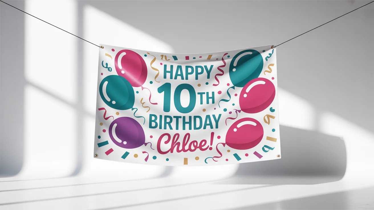 A vibrant birthday banner mockup on a white background, celebrating a 10th birthday. The banner reads 'HAPPY 10th BIRTHDAY CHLOE!' and is decorated with colorful confetti and balloons.