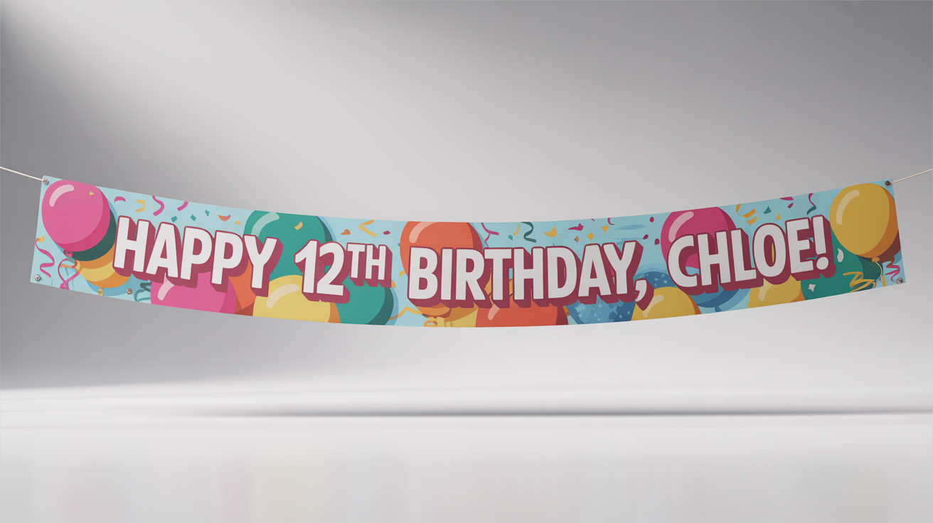 A mockup of a cheerful birthday banner against a white background, with colorful text reading 'Happy 12th Birthday, Chloe!' surrounded by festive graphics.