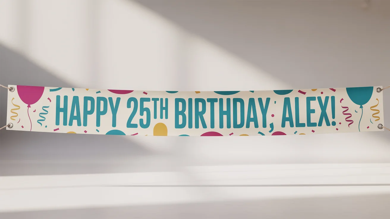A professional mockup of a horizontal birthday banner against a white background. The banner is brightly colored and reads 'HAPPY 25TH BIRTHDAY, ALEX!' with festive graphics.
