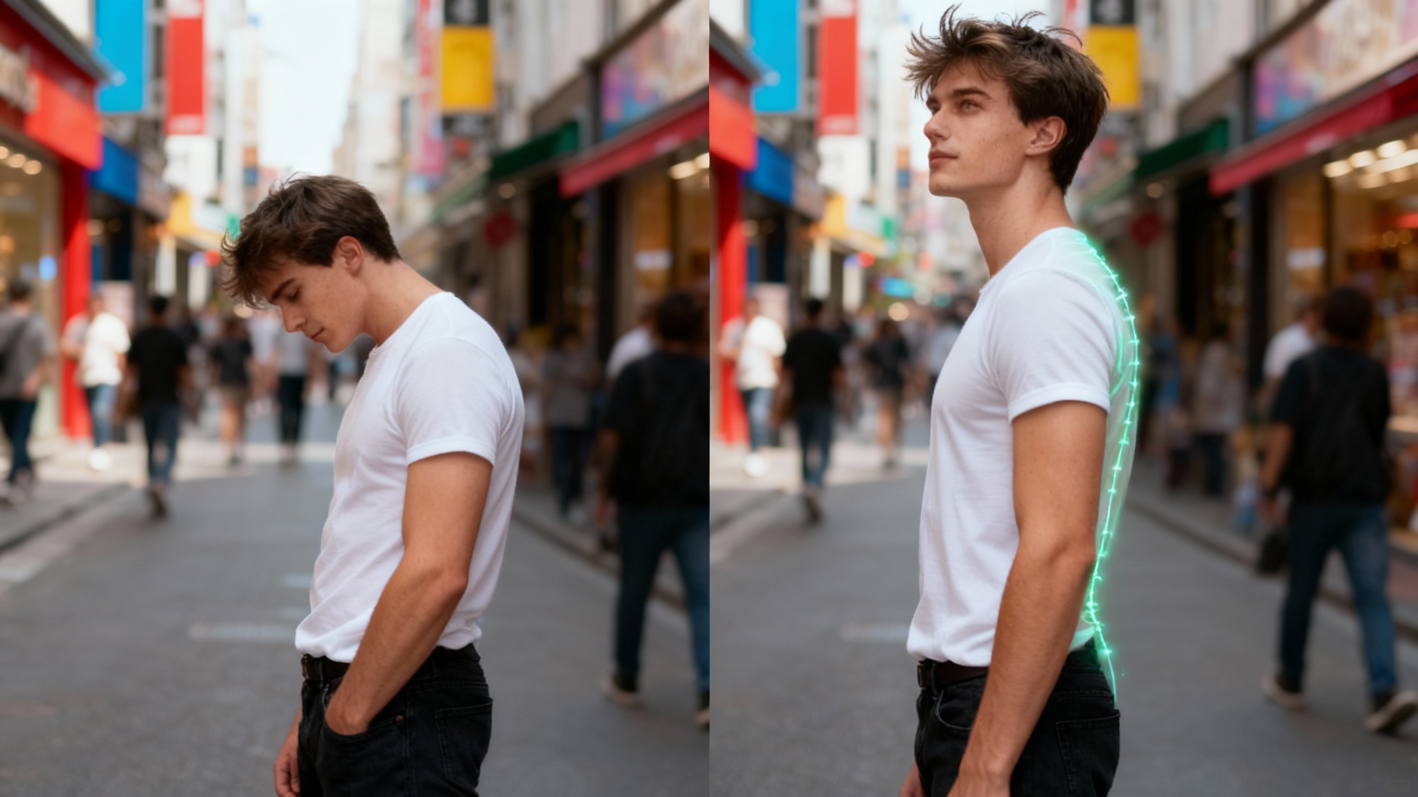 A split-screen 'before and after' image demonstrating posture correction. The left side shows a young man slouching. The right side shows the same man standing tall and straight, with a glowing line illustrating his corrected spinal alignment.