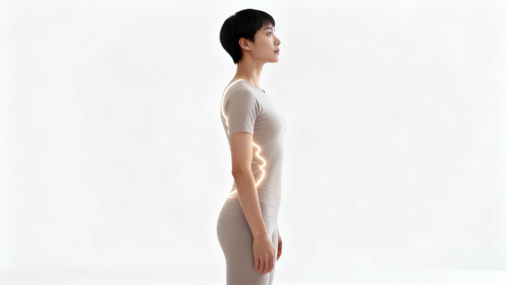 A person standing in side profile, demonstrating perfect posture with a straight back and confident stance against a white background.