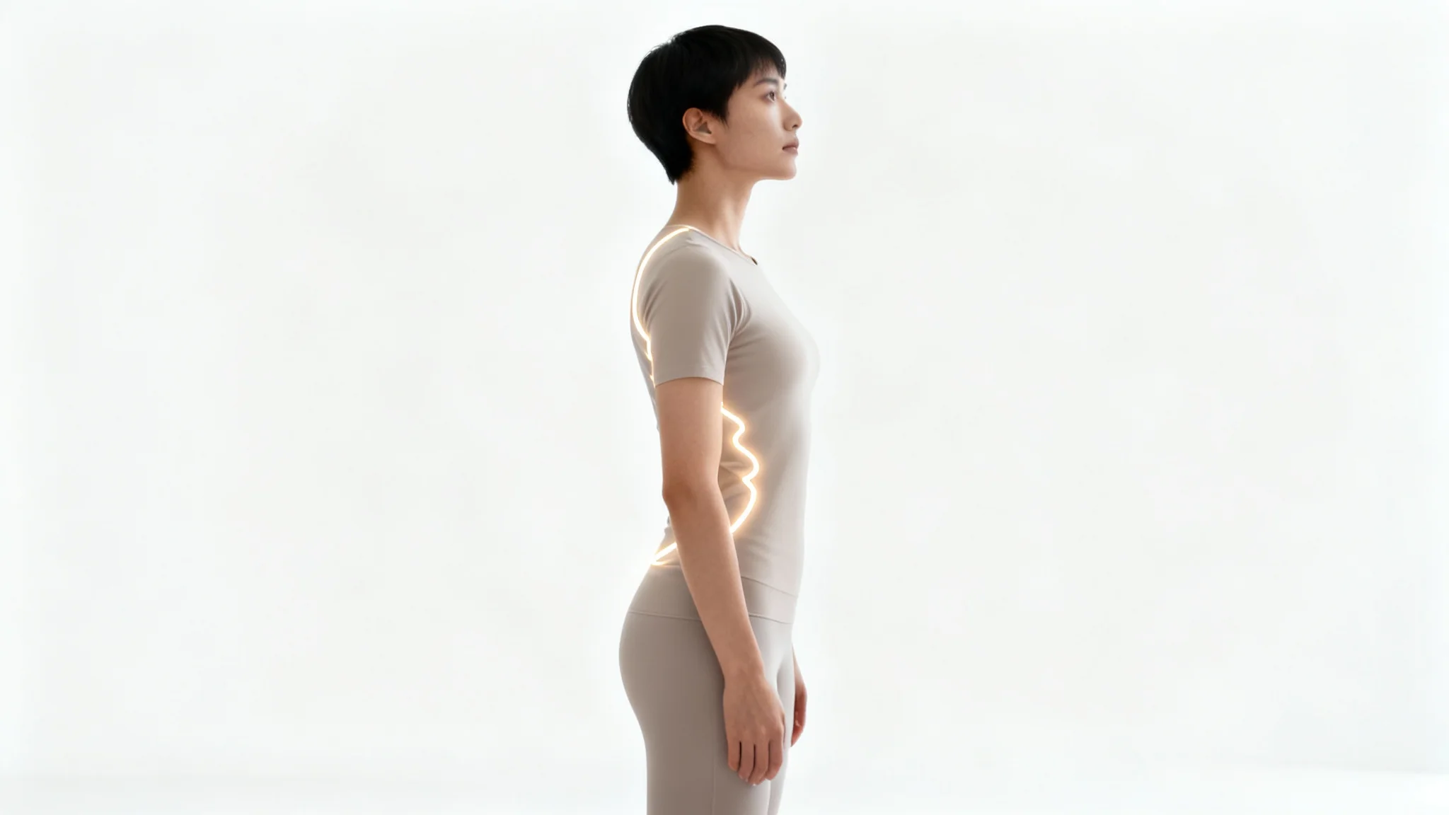 A person standing in side profile, demonstrating perfect posture with a straight back and confident stance against a white background.