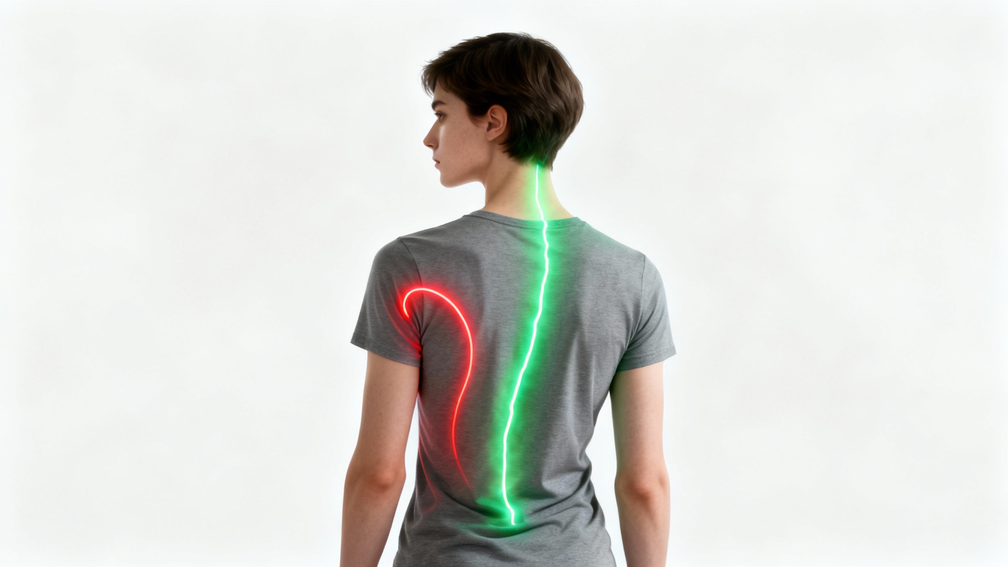 A conceptual image illustrating posture correction. A person's back is shown in profile, with a glowing line tracing their spine from a slumped, red curve to an upright, green, healthy alignment against a clean white background.