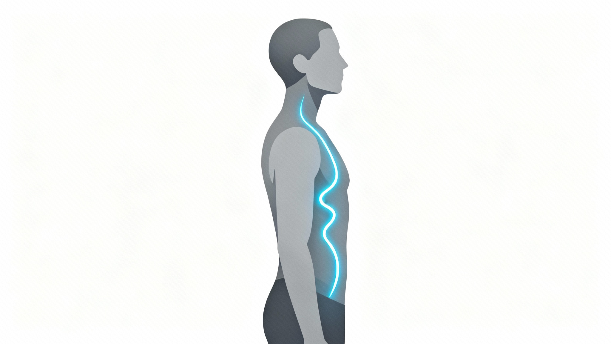 A minimalist illustration showing a person from the side with perfect posture, with a glowing blue line highlighting the correct alignment of their spine against a white background.