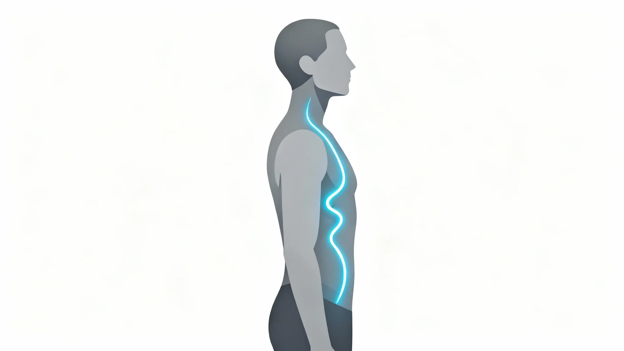 A minimalist illustration showing a person from the side with perfect posture, with a glowing blue line highlighting the correct alignment of their spine against a white background.