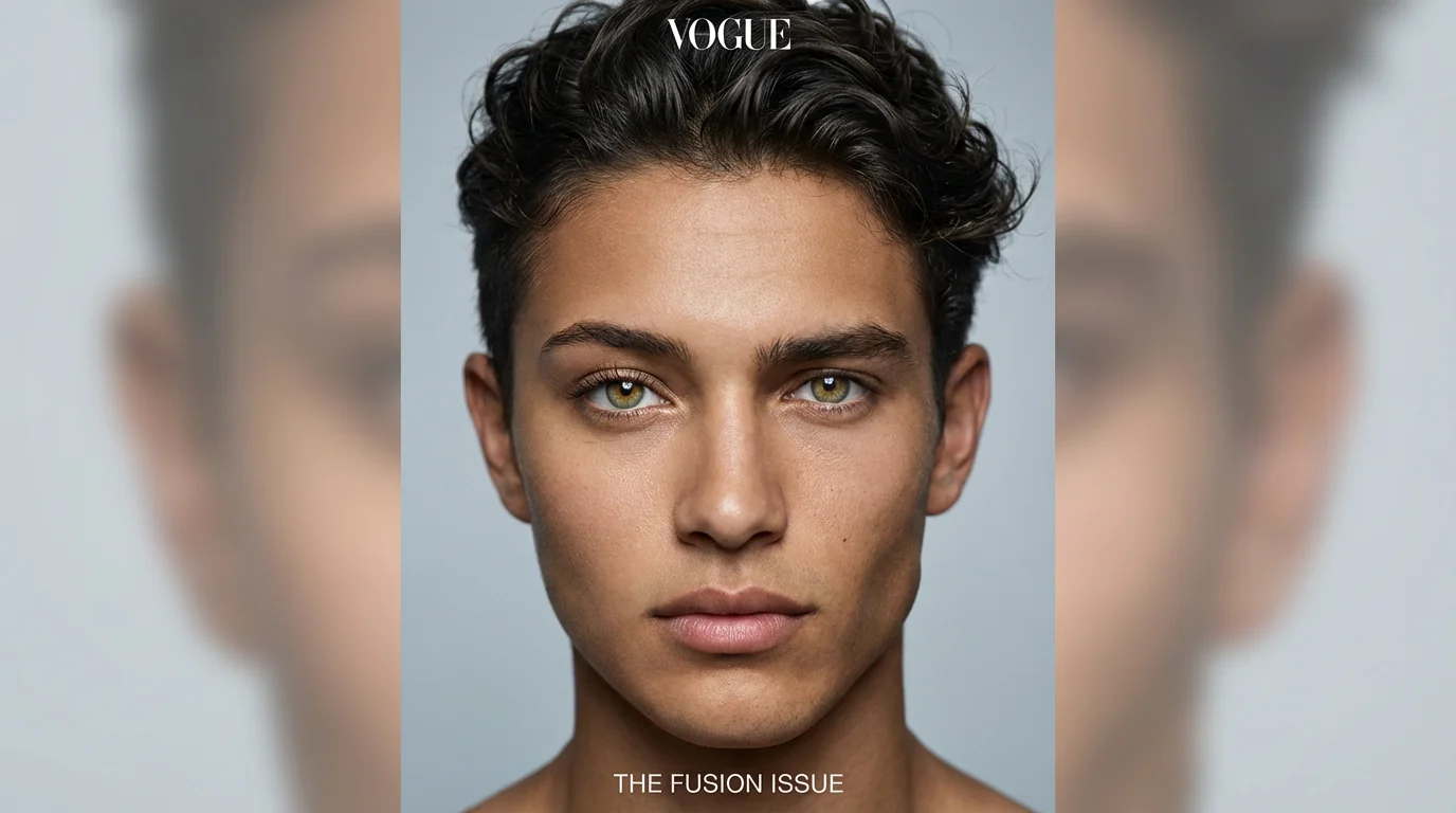 A photorealistic hero image demonstrating a face morph result: a single, captivating new face created by flawlessly blending the features of a man and a woman against a soft, professional studio background.