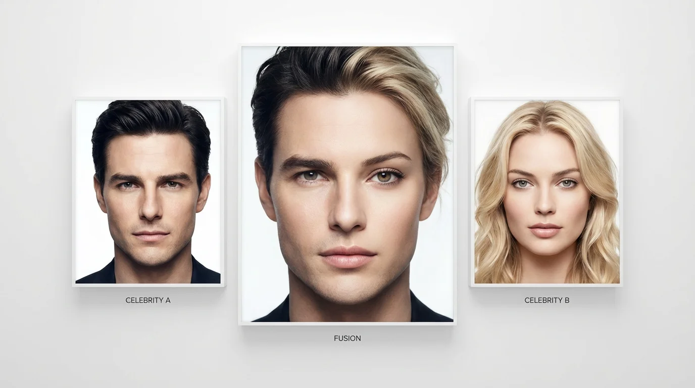 A visual demonstration of a celebrity face morph, showing three portraits on a white background. The left portrait features a male celebrity, the right a female celebrity, and the central, larger portrait is a seamless blend of the two faces into one new person.
