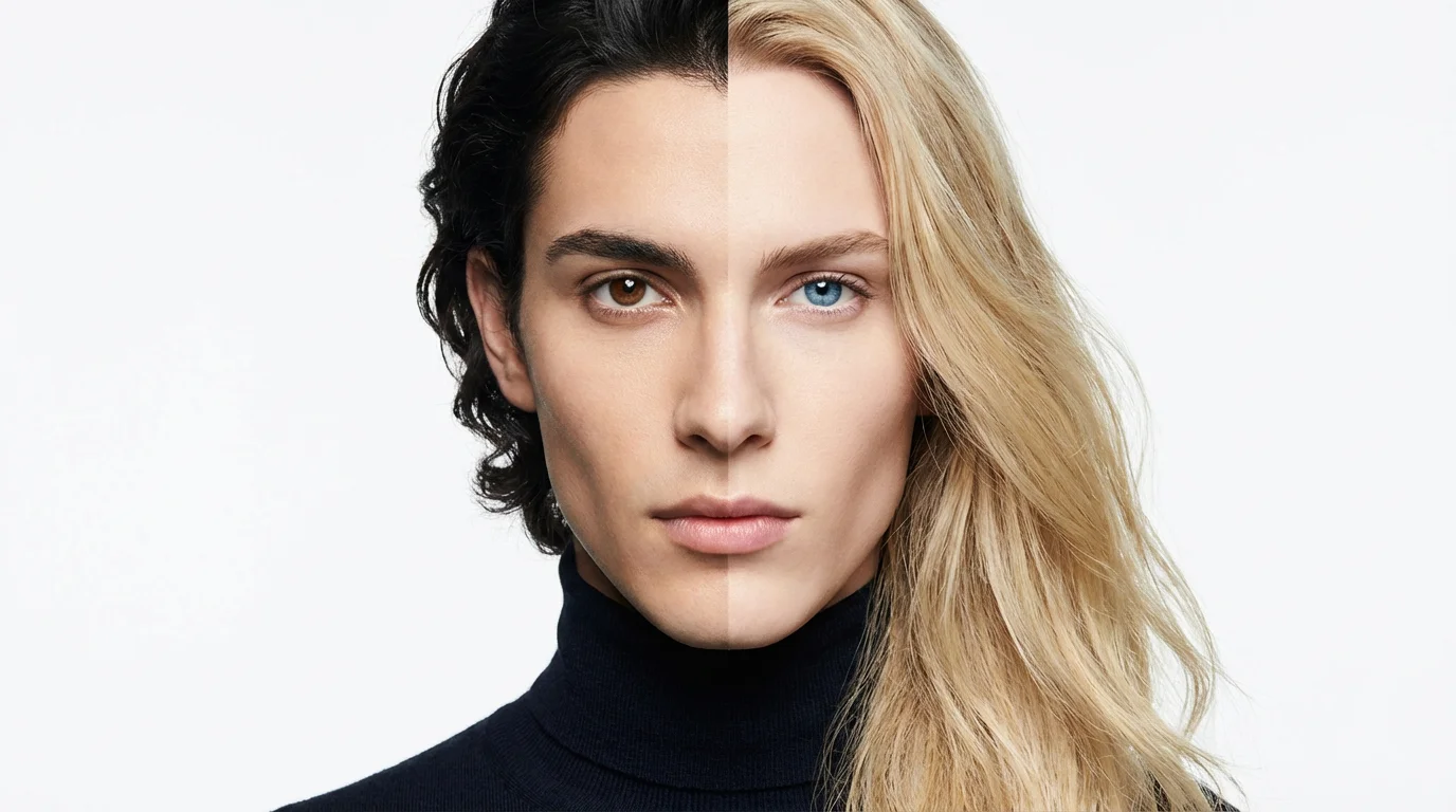 A striking composite image of a single androgynous face that is a seamless blend of a man and a woman, illustrating a celebrity face morph. The face has one blue eye and one brown eye against a plain white background.
