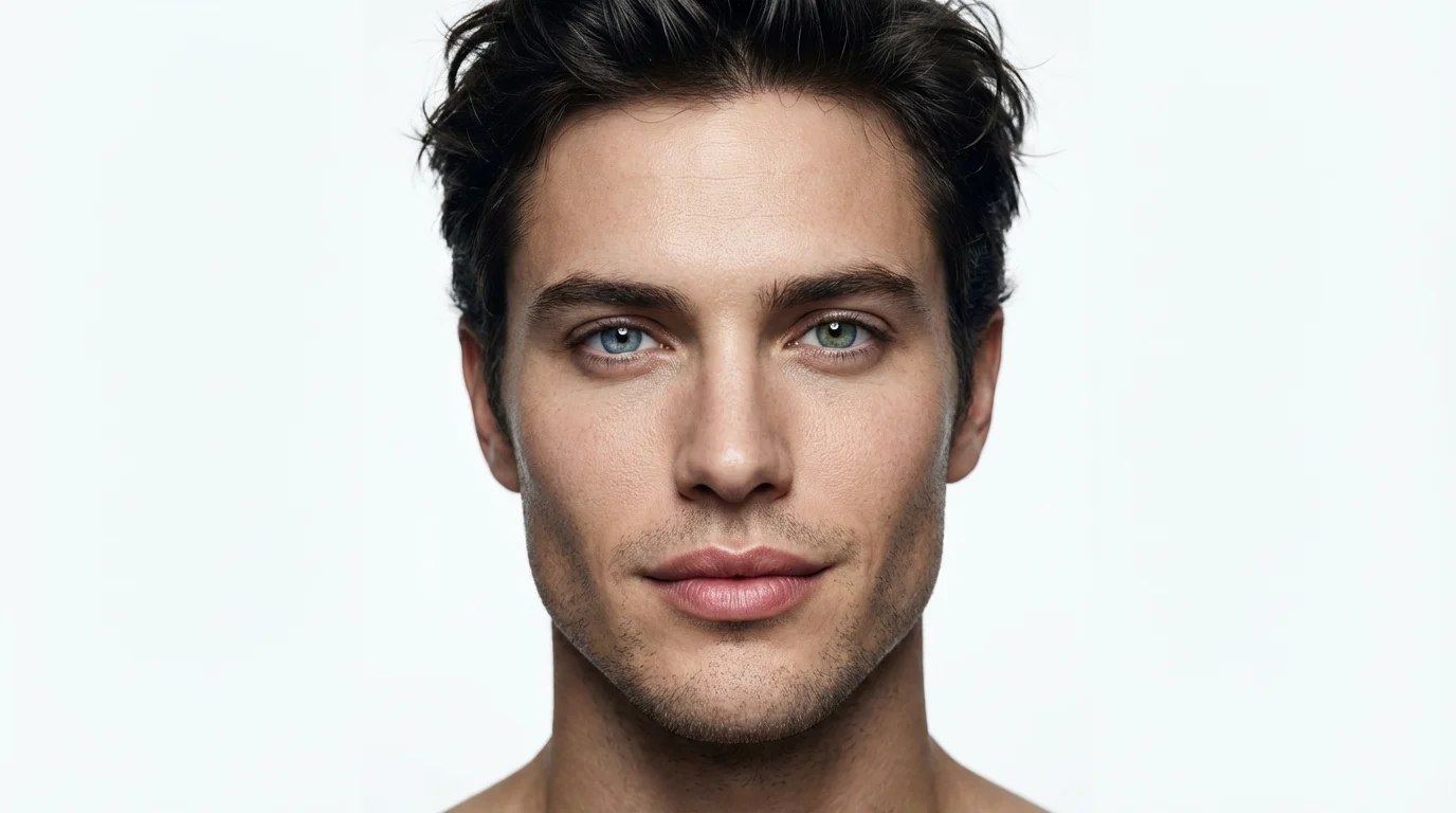 A hyper-realistic headshot of a single, androgynous face created by morphing a male and female celebrity, shown in a studio setting against a white background.