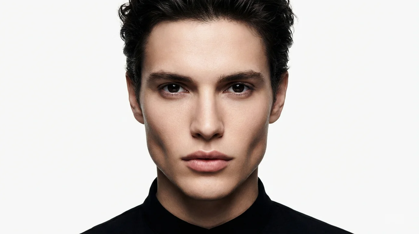 A hyper-realistic close-up of a single face that is a seamless digital morph of a male and female celebrity, set against a plain white background.