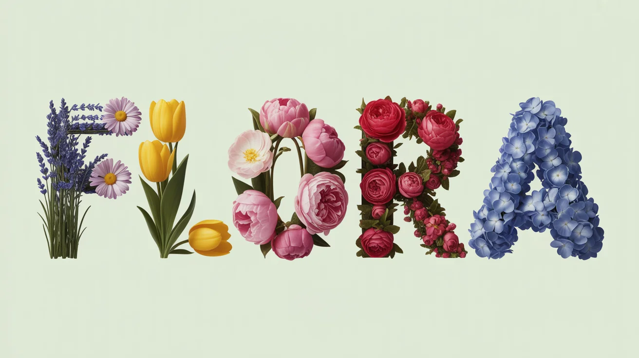 The word 'FLORA' beautifully rendered with each letter formed from a different type of colorful, realistic flower arrangement, set against a clean pastel background.