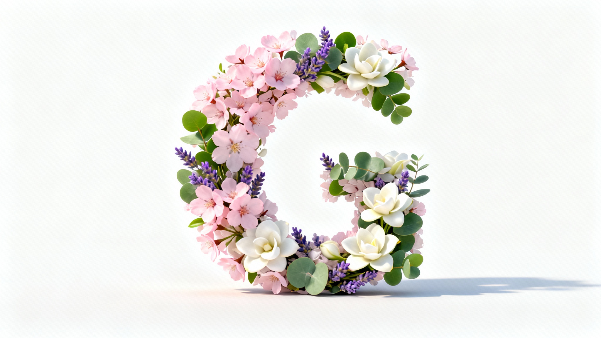 A close-up, photorealistic image of the letter 'G' created from an elegant arrangement of pink cherry blossoms, white gardenias, and green leaves, set against a stark white background.