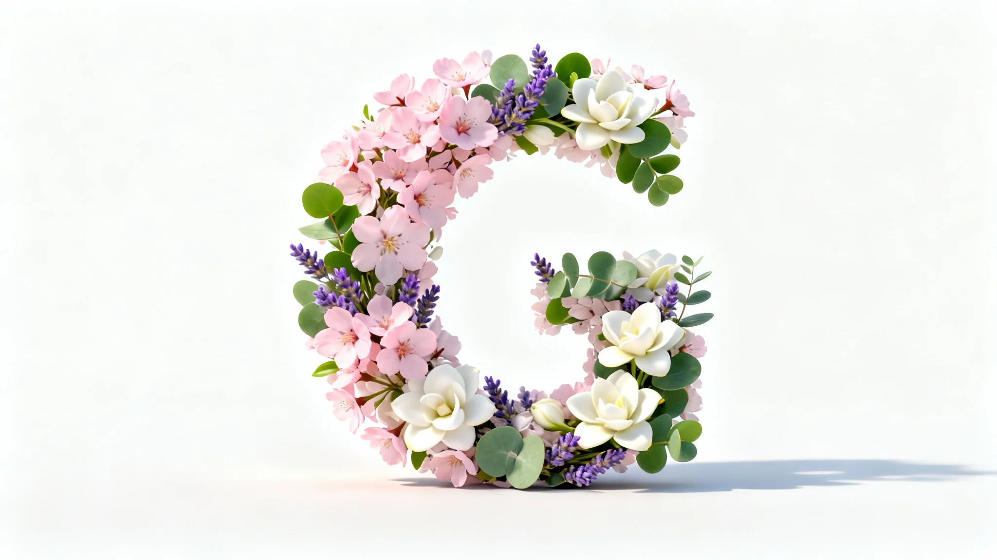 A close-up, photorealistic image of the letter 'G' created from an elegant arrangement of pink cherry blossoms, white gardenias, and green leaves, set against a stark white background.