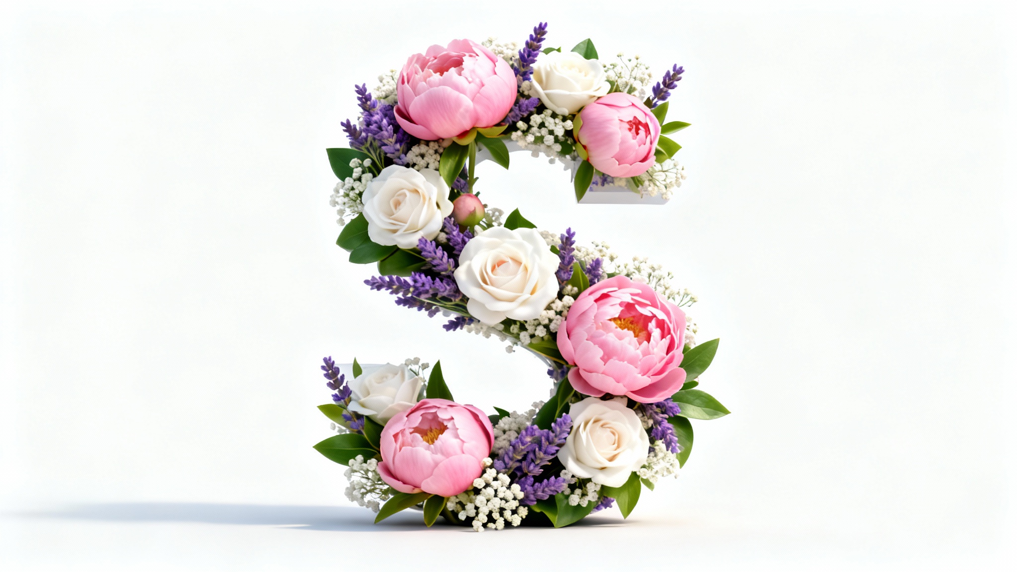 A photorealistic image of the letter 'S' created entirely from a beautiful arrangement of pink, white, and purple flowers with green leaves, set against a plain white background.